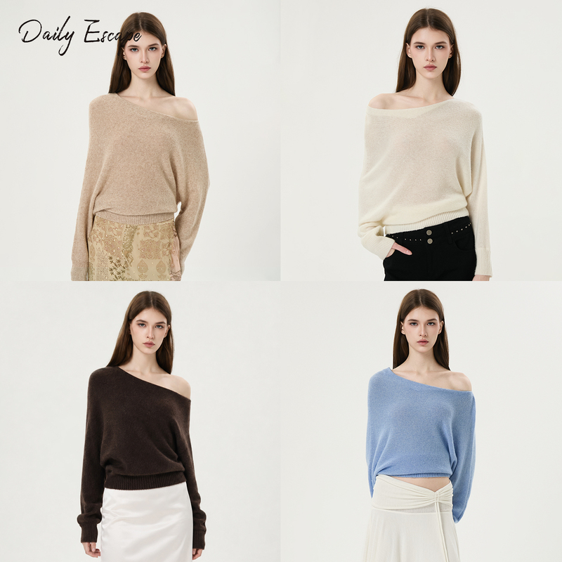 Daily Escape Alpaca Blend Batwing Sleeve Off-Shoulder Knit Sweater for Women, Autumn Relaxed and Elegant Casual Sweater