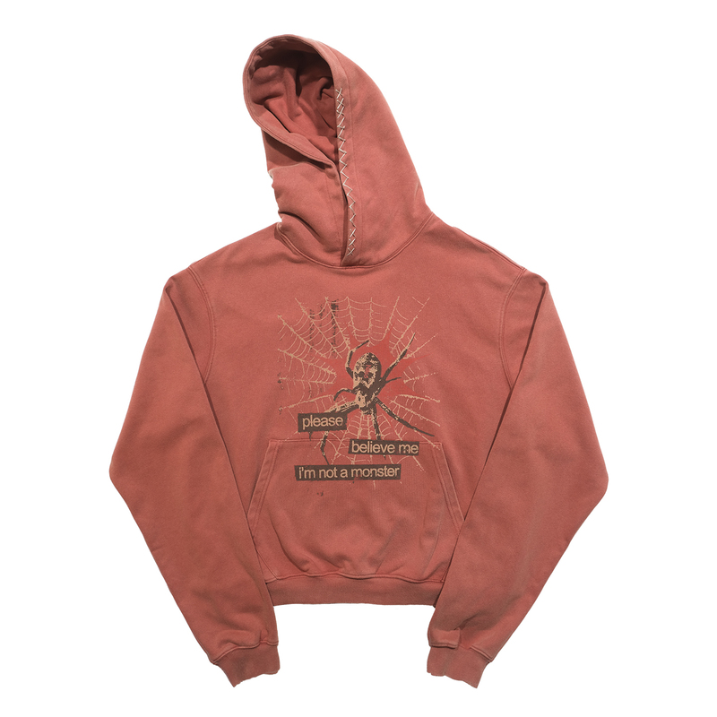 No1Se Washed and Distressed Hand-Stitched Decorative Vintage Hooded Sweatshirt Street Style Orange-Red Spider Print Hoodie
