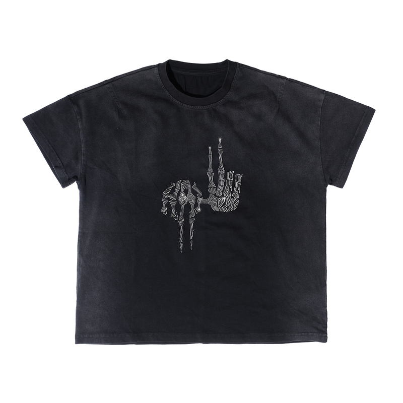 No1Se Peace and Love Skeleton Gesture Rhinestone Washed Gradient Distressed Short Sleeve T-Shirt Men's Vintage Top No1Se Peace and Love Skeleton Gesture Rhinestone Washed Gradient Distressed Short Sleeve T-Shirt Men's Vintage Top