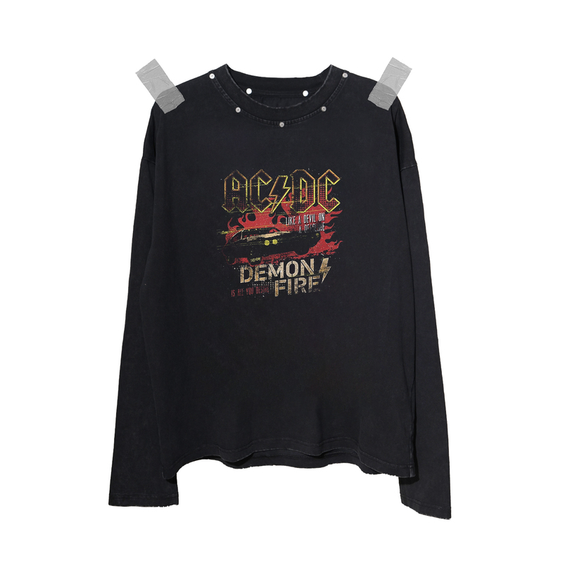 No1Se Acdc Band Print Washed and Distressed Short Wide-Fit Long-Sleeve Street Style Black T-Shirt Punk Rock No1Se Acdc Band Print Washed and Distressed Short Wide-Fit Long-Sleeve Street Style Black T-Shirt Punk Rock