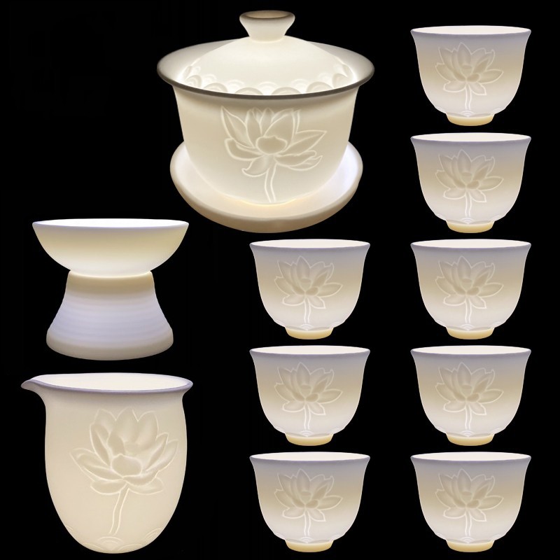 High-End Unglazed Jade Porcelain Kung Fu Tea Set for Home Use, Light Luxury Handmade Embossed Dehua White Porcelain Gaiwan for Gift Giving