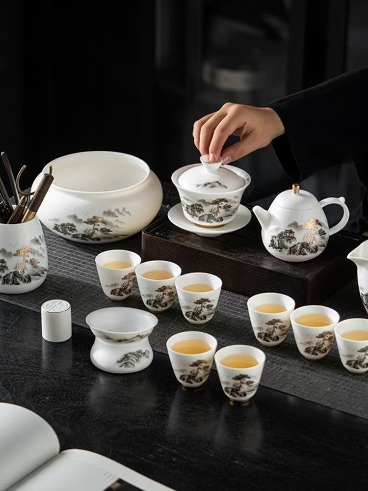 Jingdezhen Unglazed Jade Porcelain Tea Set for Home Use, Light Luxury, High-End Hand-Painted Gold-Plated Teapot and Bowl for Gift Giving