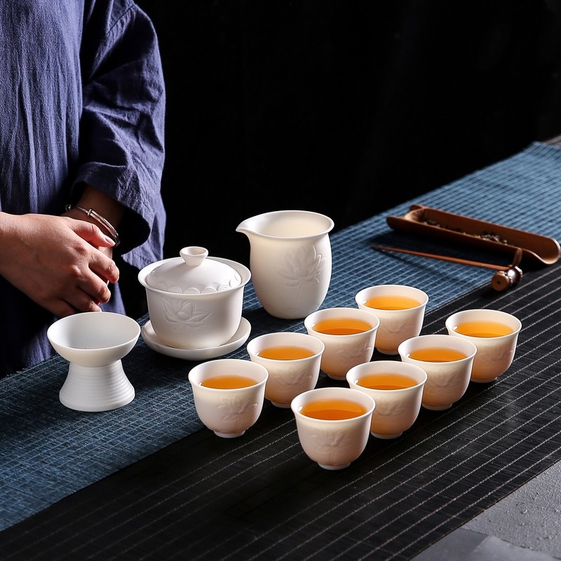 High-End Unglazed Jade Porcelain Kung Fu Tea Set for Home Use, Light Luxury Handmade Embossed Dehua White Porcelain Gaiwan for Gift Giving