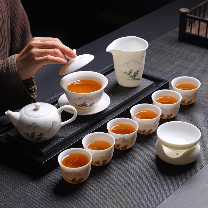 Light Luxury High-End Plain-Fired Jade Porcelain Tea Set for Home Use, Master Hand-Painted Ceramic Kung Fu Gaiwan Teapot Gift Box