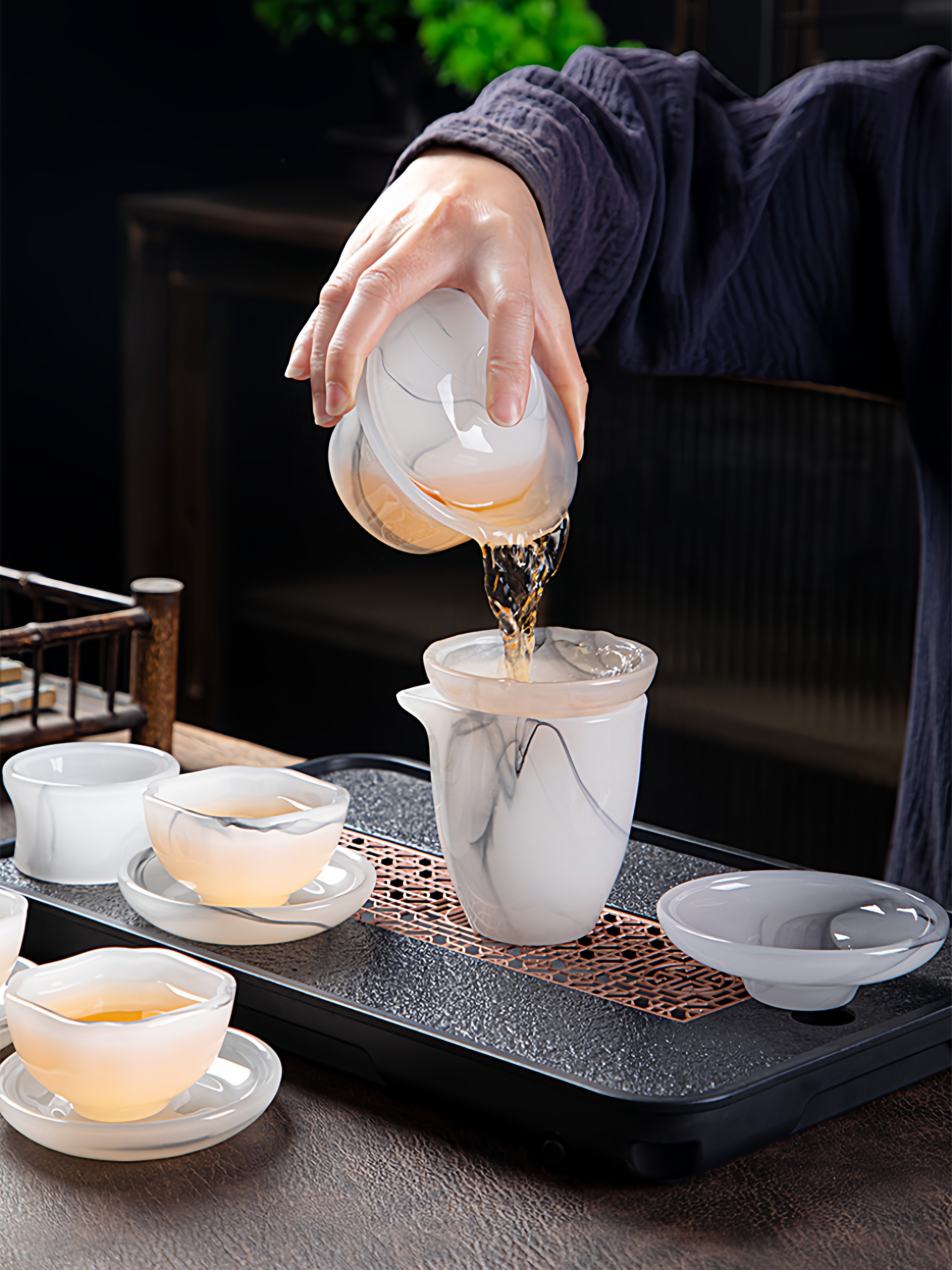 High-End Glazed Tea Set, Ice Crystal White Jade, Classy Light Luxury Tea Brewing Bowl, Tea Cup, Office Gift Box Set