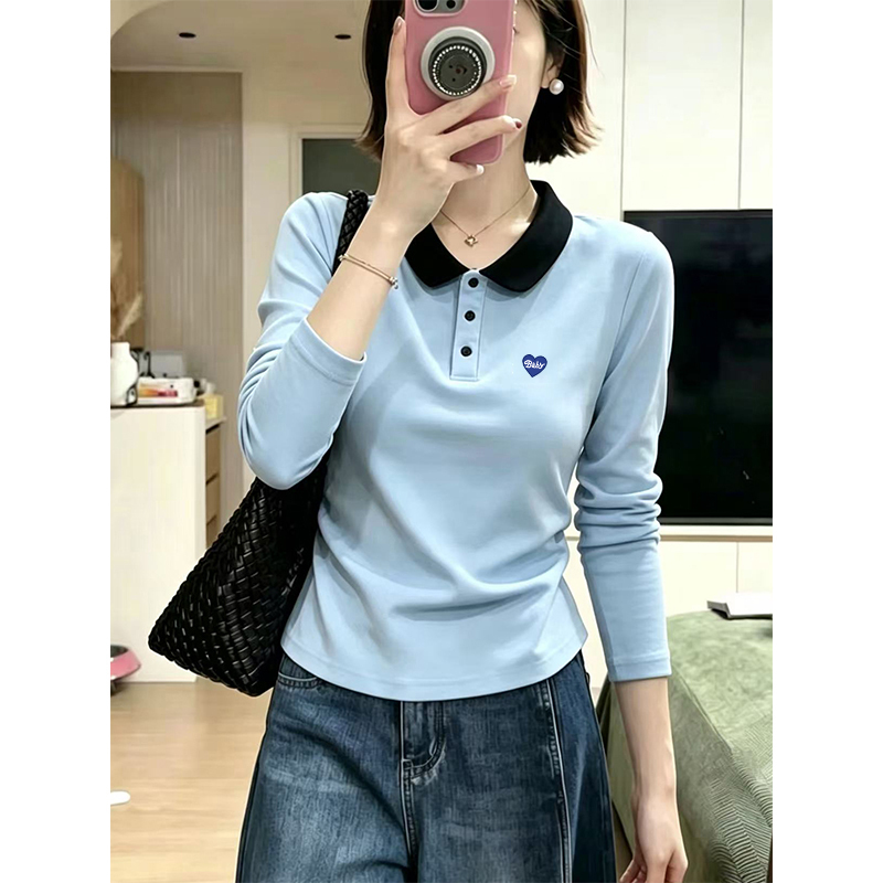 Early Autumn 2026 New Style Gentle Korean-Style Blue Color-Enhancing White-Collar Long-Sleeve T-Shirt for Women, Winter Inner Wear Base Shirt Top Early Autumn 2026 New Style Gentle Korean-Style Blue Color-Enhancing White-Collar Long-Sleeve T-Shirt for Women, Winter Inner Wear Base Shirt Top