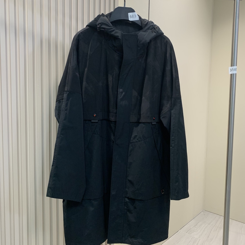 Men's Trench Coat Parka Leather Black Hooded Version Long 683