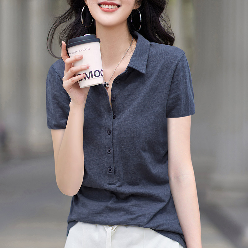 对白polo领短袖t恤女夏季2025新款宽松纯棉翻领带领纽扣上衣半袖
