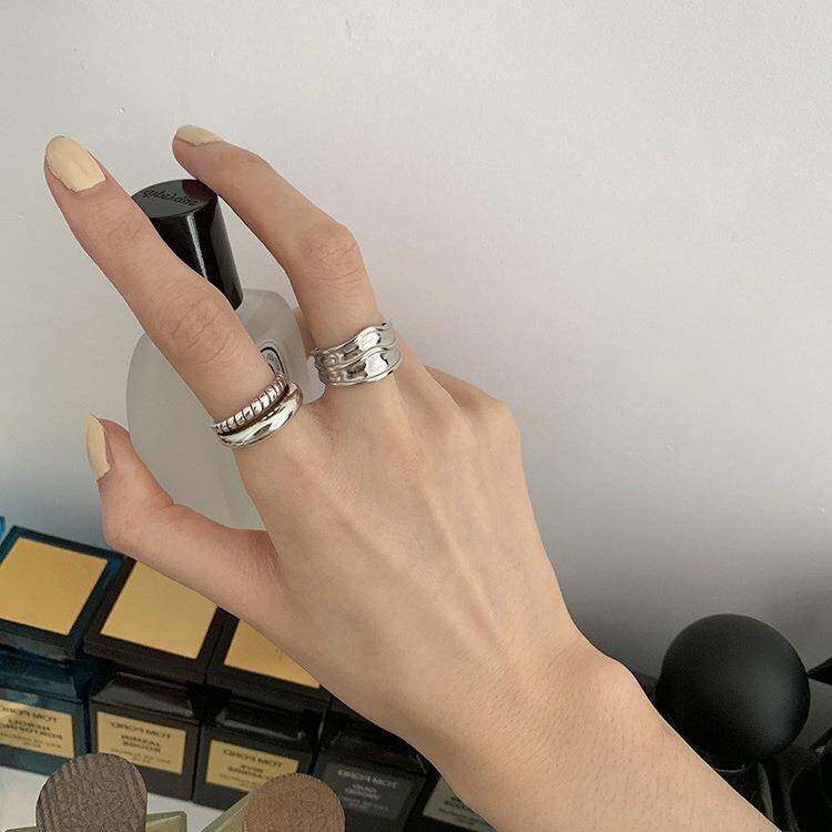 Geometric Twist Double Layer Ring Women's Retro Fashion S925 Silver Irregular Open Ring Hip-Hop Punk Index Finger Ring
