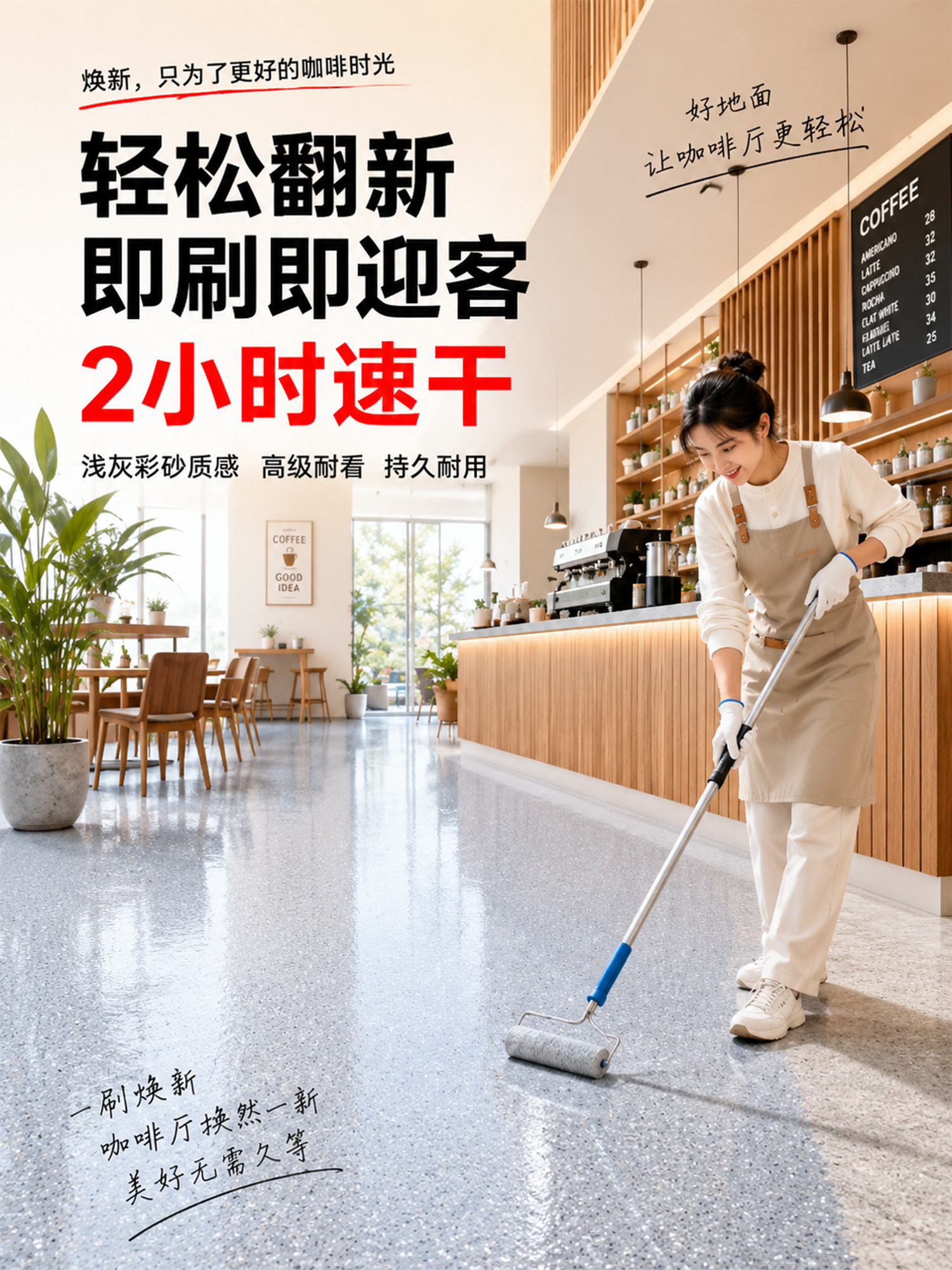 Coffee Shop Renovation and Transformation with Epoxy Colored Sand Floor Paint, Self-Leveling Cement Floor, Moisture-Proof and Wear-Resistant
