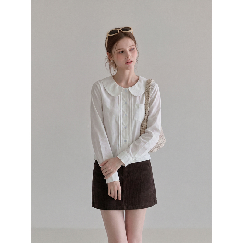 Seven-Point-Satisfaction Handmade~White Doll-Collar Long-Sleeved Shirt for Women, Early Autumn New Design Pleated Short Top