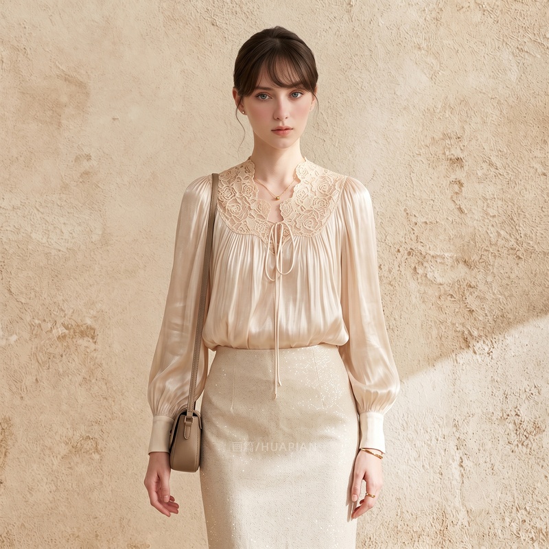 2026 Summer New Women's Clothing, French Gentle Style, Lace Splicing, Lace-Up V-Neck Long-Sleeved Shirt, Light Mature Style Top