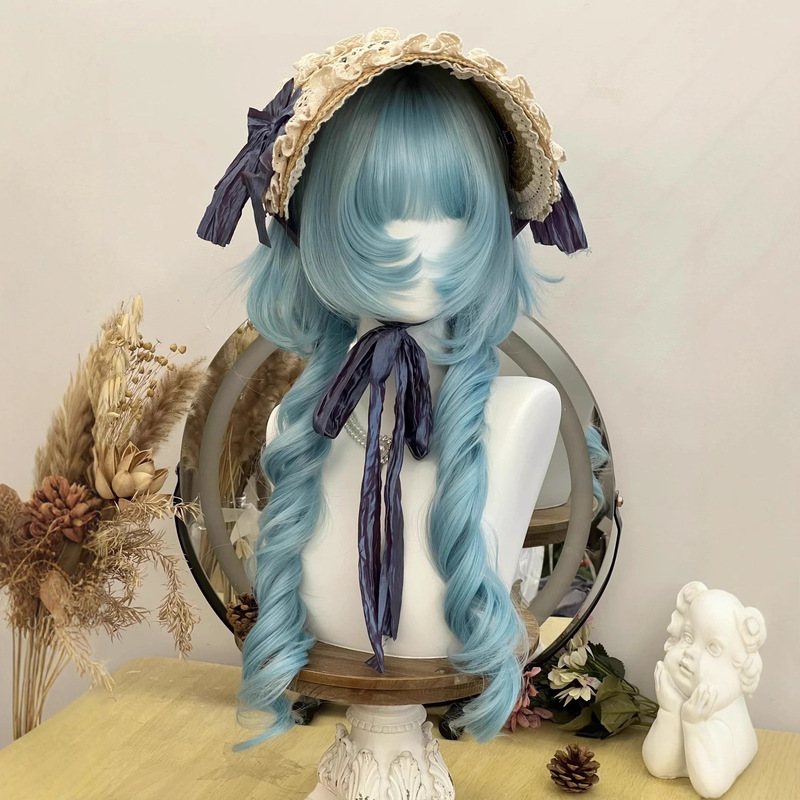 Wig for Women, Jellyfish Style, Peacock Blue-Green, Lolita Style, with Bangs, Long Curly Hair, Realistic Natural Full Wig