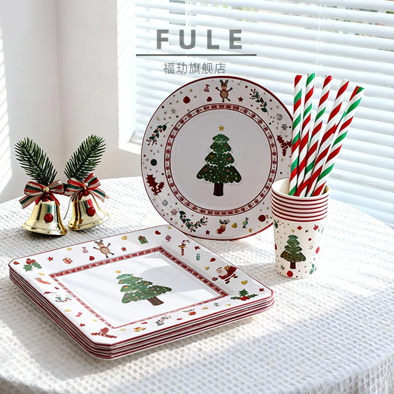 New Year Christmas Themed Party Disposable Plates and Cutlery Santa Claus Cake Decorations Paper Plates Paper Cups Tablecloth New Year Christmas Themed Party Disposable Plates and Cutlery Santa Claus Cake Decorations Paper Plates Paper Cups Tablecloth