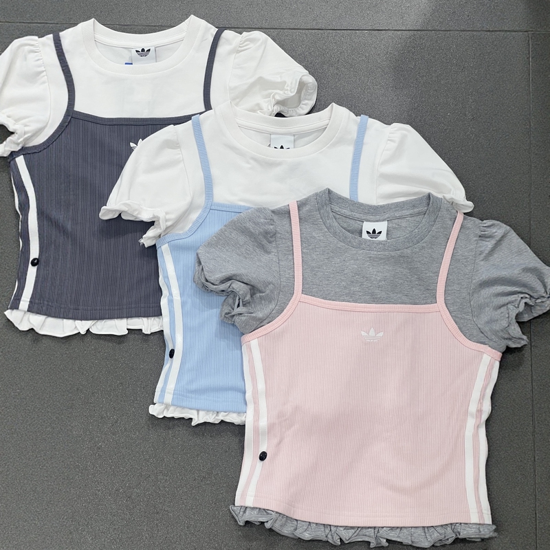 Adidas Trefoil Song Yuqi Style Faux Two-Piece Puff Sleeve Casual Short-Sleeve T-Shirt Li5117 Li5118