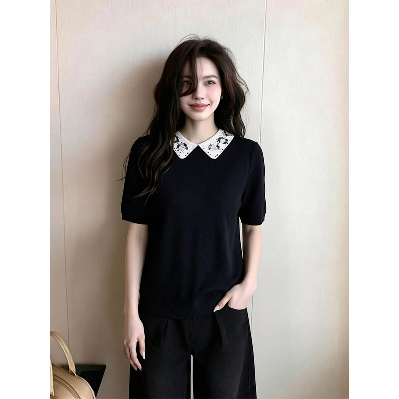 French-Style Black Collared Short-Sleeved Knit Top for Women, 2026 Summer New Model, Sequin-Decorated Top That Looks Slimming and Elegant
