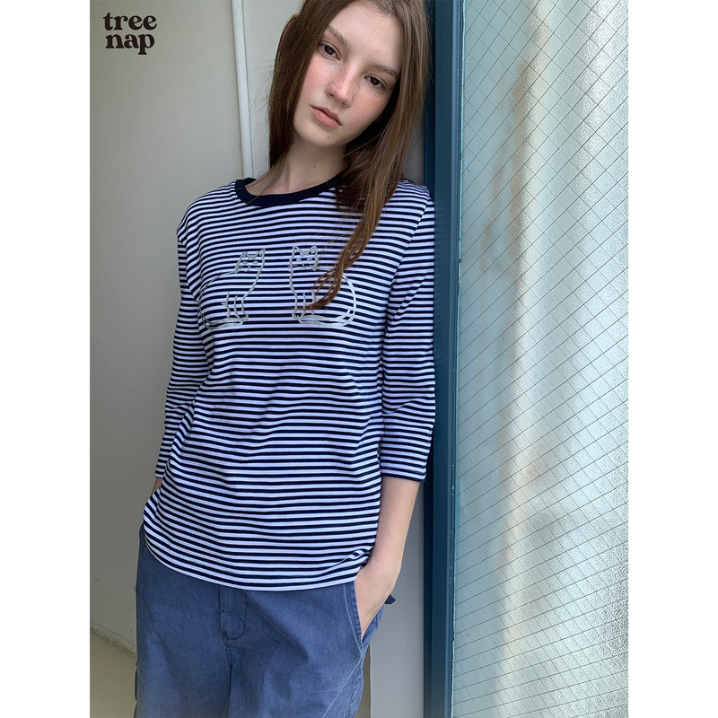 Tree Nap Navy Blue & Light Gray Kitten Silver Print Round Neck Casual Striped Three-Quarter Sleeve T-Shirt Tree Nap Navy Blue & Light Gray Kitten Silver Print Round Neck Casual Striped Three-Quarter Sleeve T-Shirt