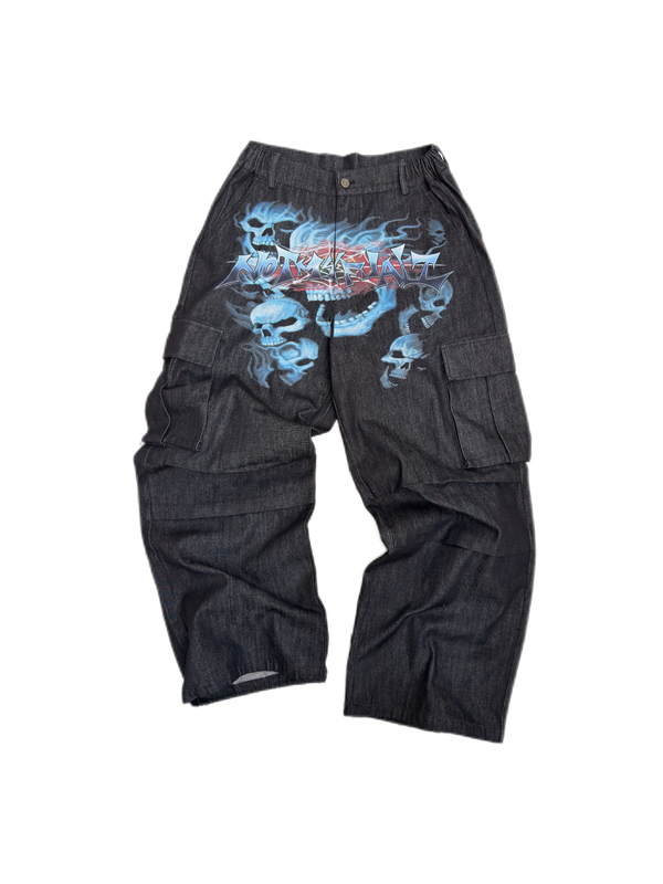 Notmyfault Skull Graffiti Print Original Color Denim Loose Vintage Streetwear Wide-Leg Pants Notmyfault Skull Graffiti Print Original Color Denim Loose Vintage Streetwear Wide-Leg Pants
