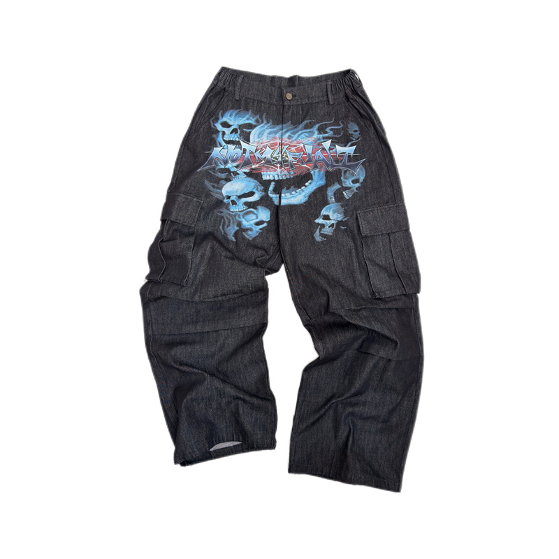 Notmyfault Skull Graffiti Print Original Color Denim Loose Vintage Streetwear Wide-Leg Pants Notmyfault Skull Graffiti Print Original Color Denim Loose Vintage Streetwear Wide-Leg Pants