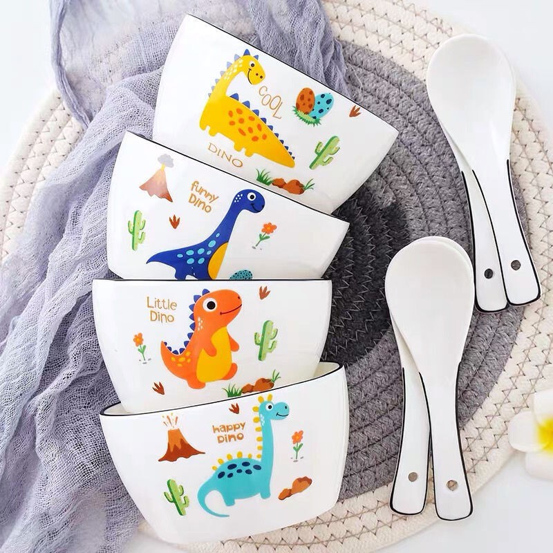 Creative Cartoon Cute Pet Dinosaur Rice Bowl and Plate Set for Home Use, High-Value Ceramic Square Bowl and Dish Set