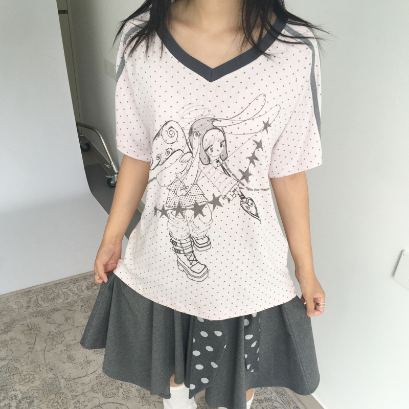 Eddyplan Swirl Plan Cartoon Style Jersey V-Neck Short-Sleeved Women's Loose-Fitting T-Shirt Pink Casual Women's Clothing