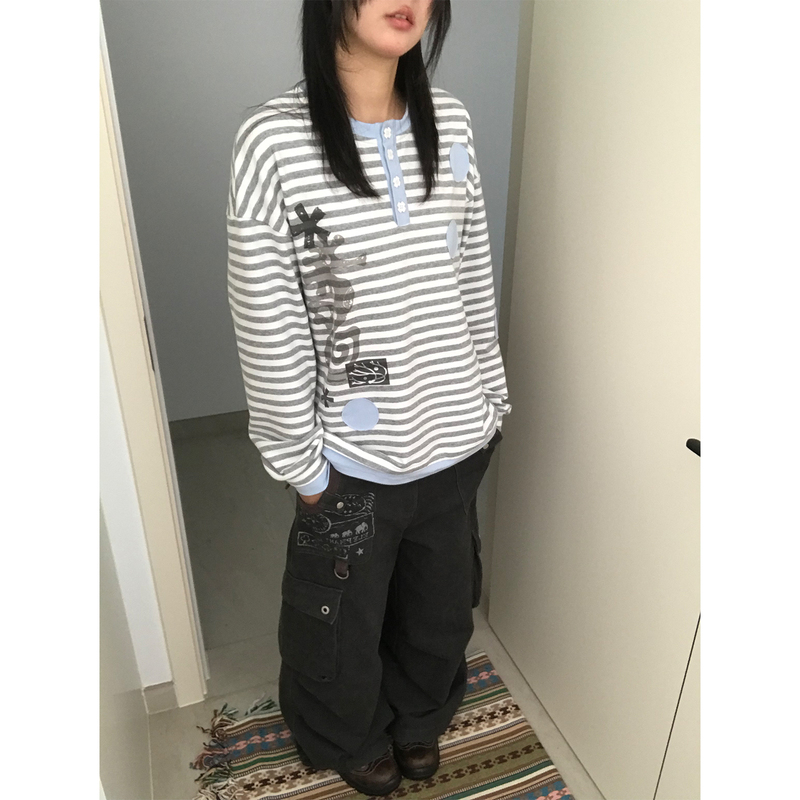 Eddyplan Swirl Pattern Patch Polka Dot Stripe T-Shirt Seahorse Print Henley Collar Color Block Stitching