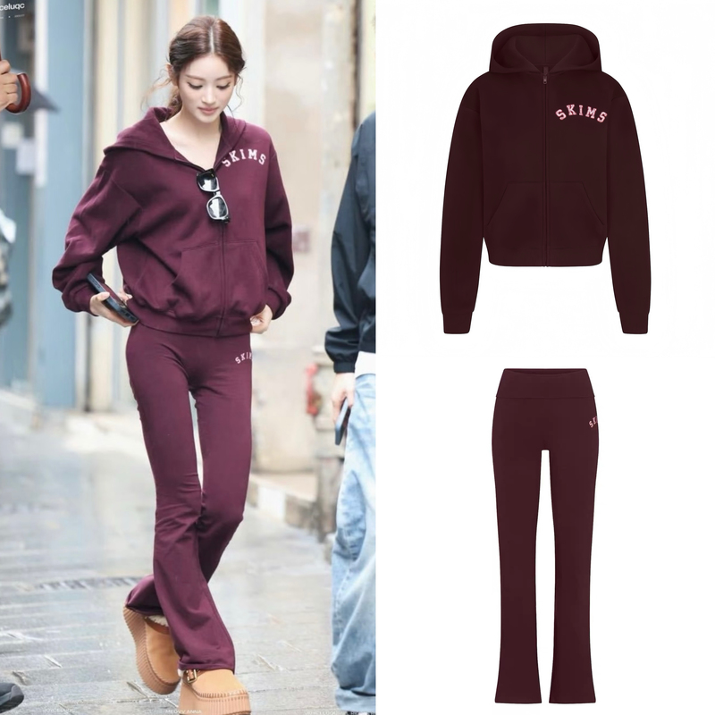 Anna Tanaka's Same Style Skims Cotton Fleece Hooded Zip-Up Sweatshirt Jacket and Pants Set