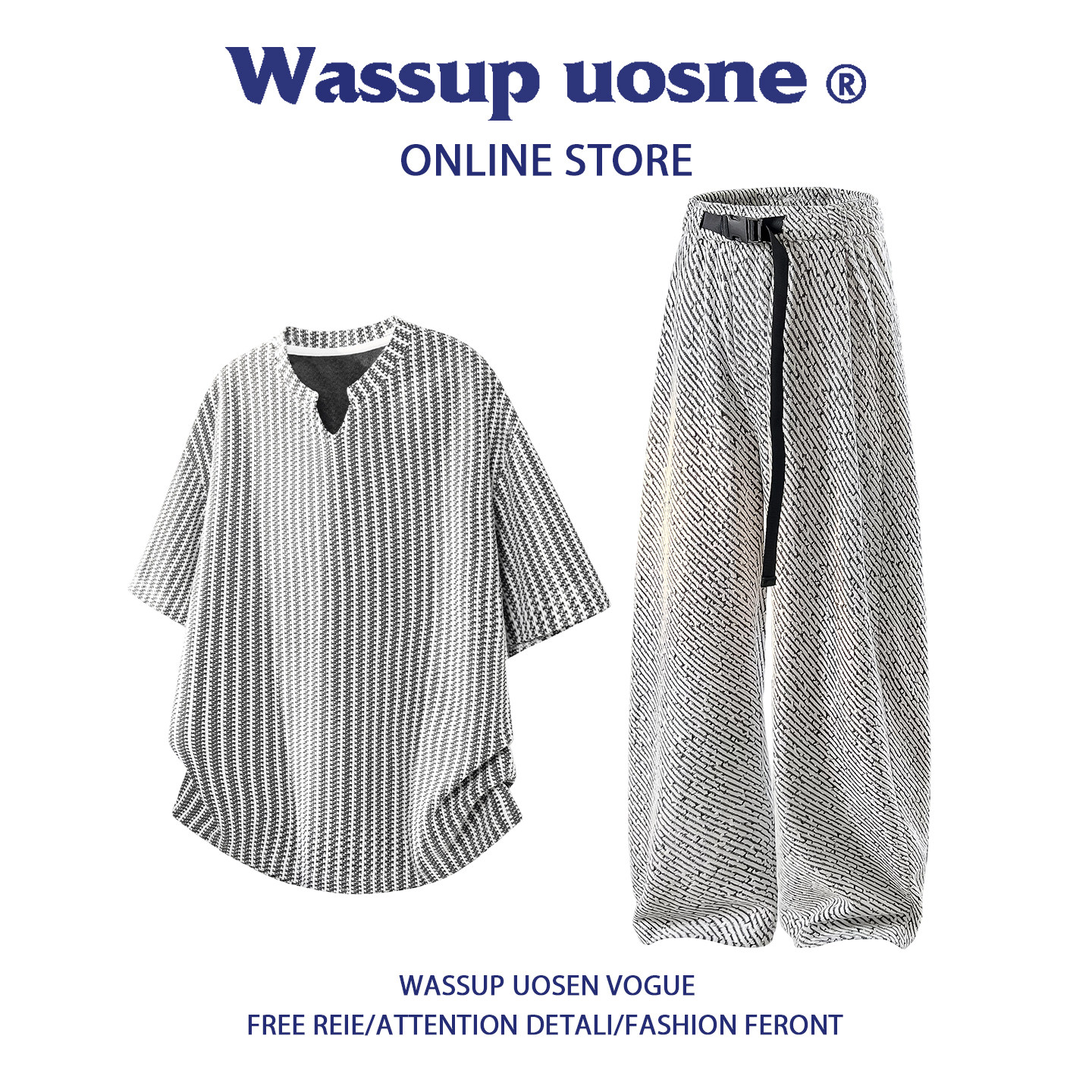 WASSUP UOSNE老钱风条纹短袖t恤套装男2026夏季新款高级感一整套