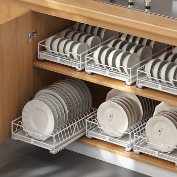 No installation kitchen dish storage rack built-in household pull-out bowl and plate partition plate drain storage rack