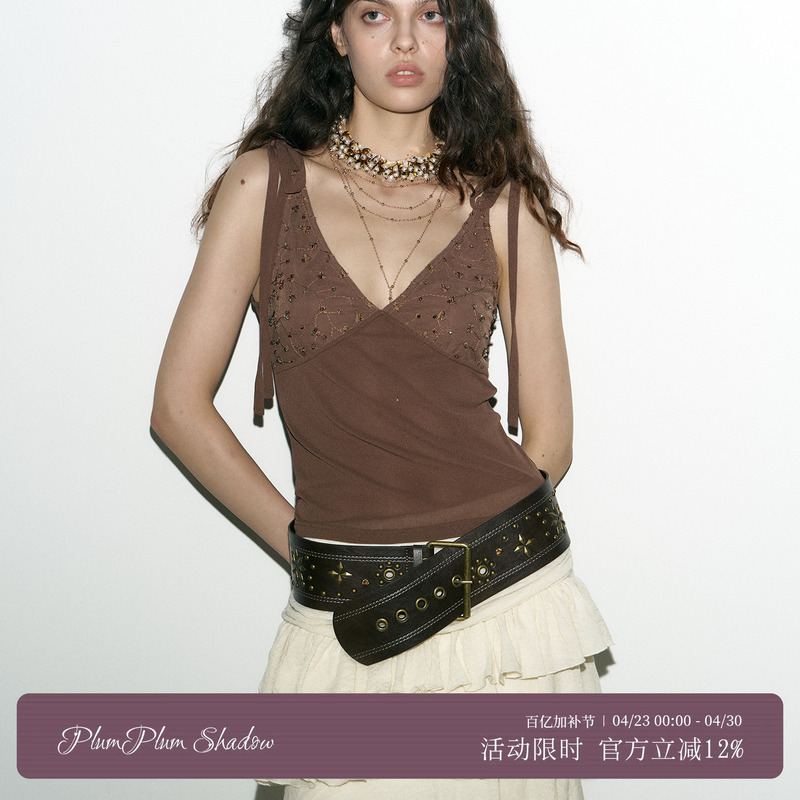 Plumplumshadow Brown “Beads” Vintage Beaded Lace-Up Camisole Pure Desire Sleeveless Top
