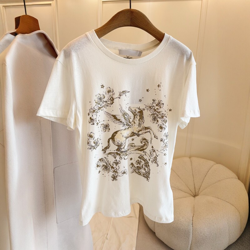 Non-Market Goods~Shenzhen Nanyou High-End Women's European-Style Clothing 26 Summer Model Dumbo Print Cotton-Linen Short-Sleeve T-Shirt Top