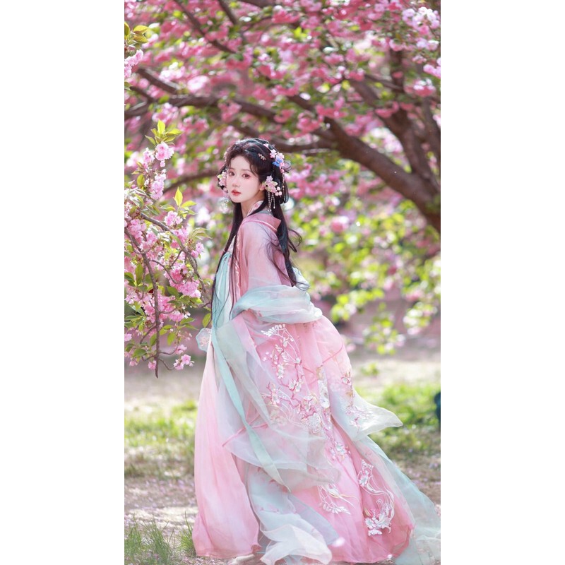 Hanfu Women's Clothing, Tang-Style High-Waisted Cherry Blossom Pink Hezi Skirt, Peach Red and Willow Green, Adult Women's Daily Light Hanfu Fairy Skirt Hanfu Women's Clothing, Tang-Style High-Waisted Cherry Blossom Pink Hezi Skirt, Peach Red and Willow Green, Adult Women's Daily Light Hanfu Fairy Skirt