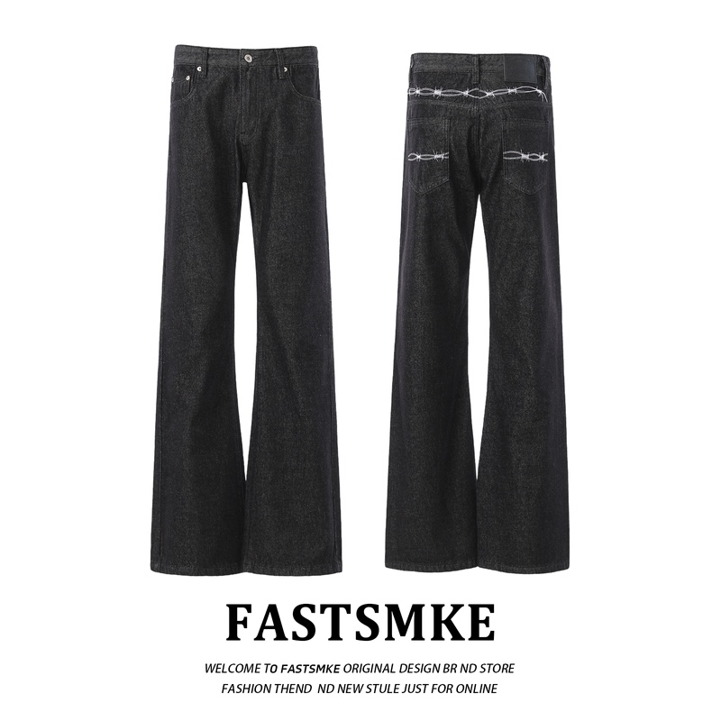 Fastsmke American Retro Thorn Embroidery Black Raw Denim Jeans Unisex Cleanfit Flared Floor-Length Pants Fastsmke American Retro Thorn Embroidery Black Raw Denim Jeans Unisex Cleanfit Flared Floor-Length Pants