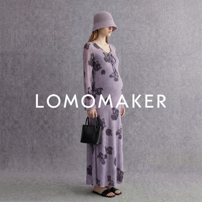 French Lomomaker2026 New Autumn Product Retro Print Women's Purple Waist-Cinching Rose Two-Piece Dress