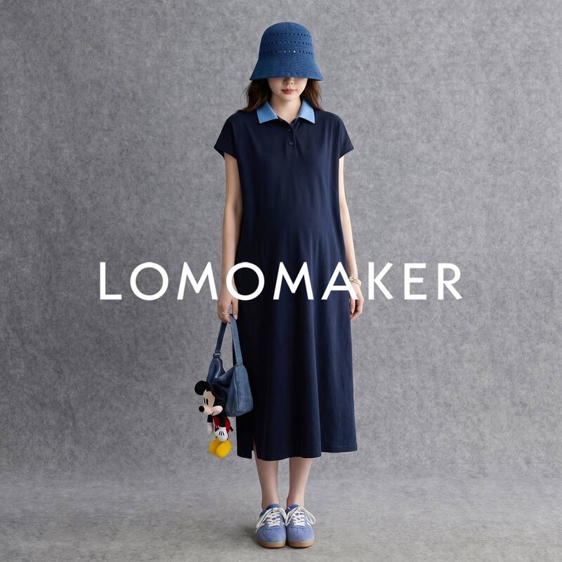 French Lomomaker [Blue Polo Collar] Maternity Dress Summer Korean Style Loose Fit Age-Reducing