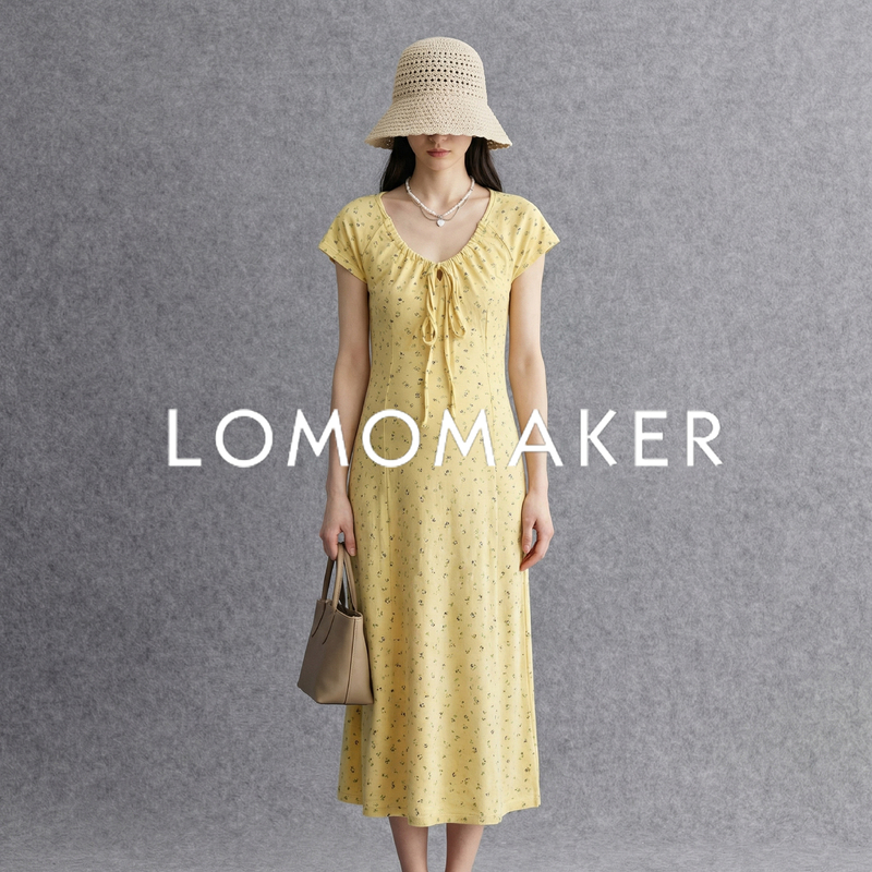 French Lomomaker【French Sweet Style】Yellow Floral Dress Women's Short Sleeve V-Neck Slimming Elegant Long Dress French Lomomaker【French Sweet Style】Yellow Floral Dress Women's Short Sleeve V-Neck Slimming Elegant Long Dress