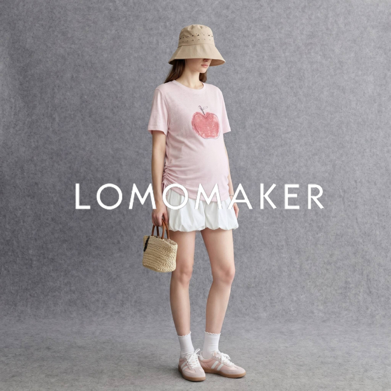 French Lomomaker【Pink Apple T-Shirt】Maternity Wear for Summer, Slimming, Gentle Style, Versatile White Pants Skirt