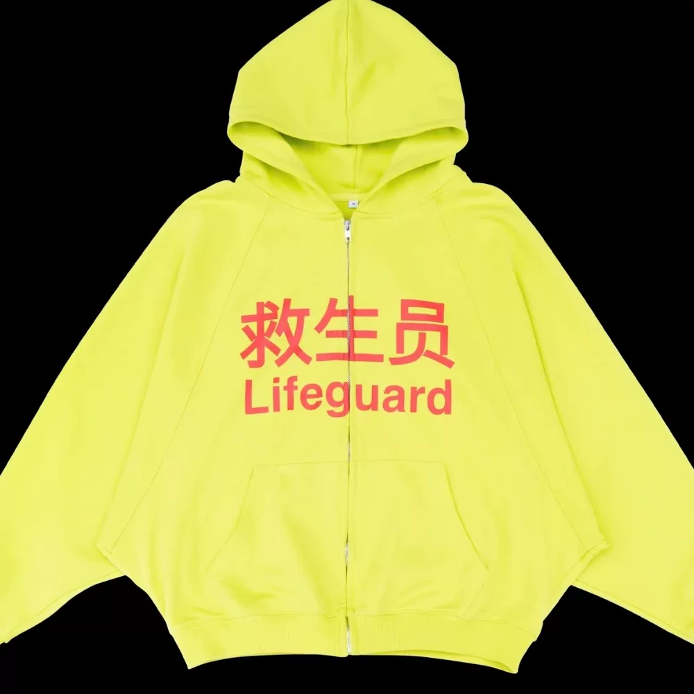 Худи Praying унисекс на молнии Y2K с принтом «lifeguard», флуоресцентно-жёлтое, реглан