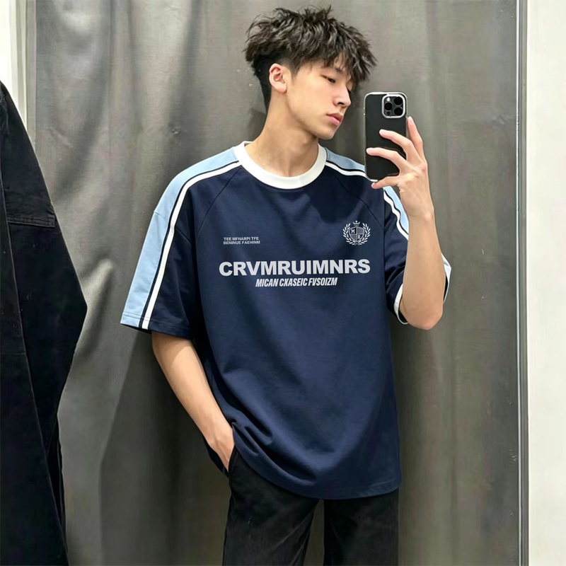 Navy Blue and Light Blue Short-Sleeved T-Shirt for Men, Summer High-End Retro Trendy Letter Print Youth Top Navy Blue and Light Blue Short-Sleeved T-Shirt for Men, Summer High-End Retro Trendy Letter Print Youth Top