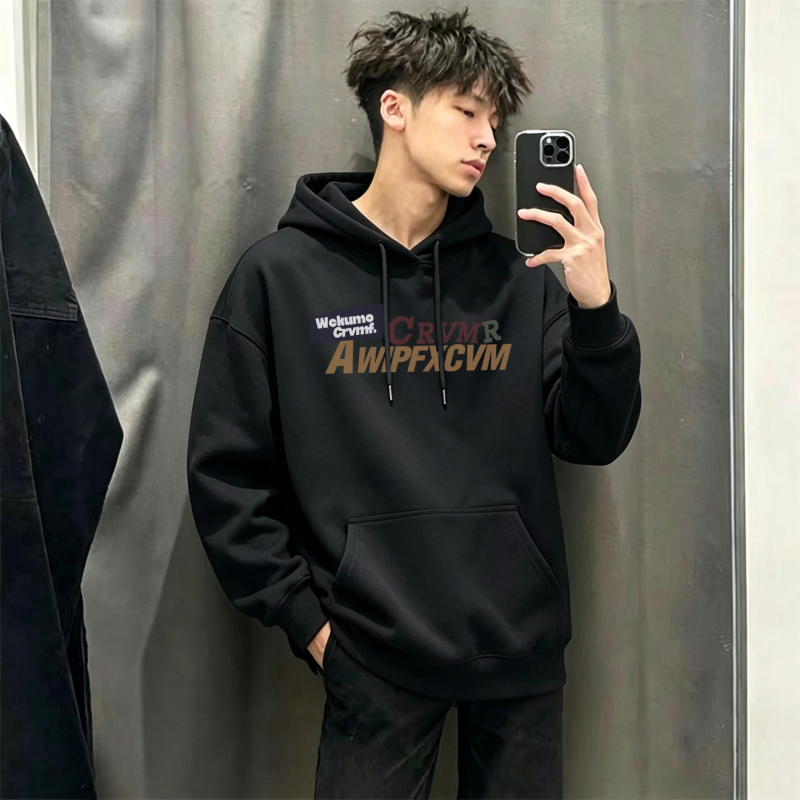American High Street Style Black Hooded Sweatshirt for Men, Autumn Loose Casual Design, Niche Trendy Cool Hoodie Top