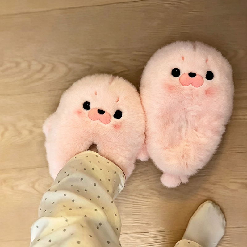 Little Seal Plush Slippers with Added Fleece, Cute Winter Home Shoes for Girls, Warm and Non-Slip Closed-Toe Fuzzy Cotton Slippers