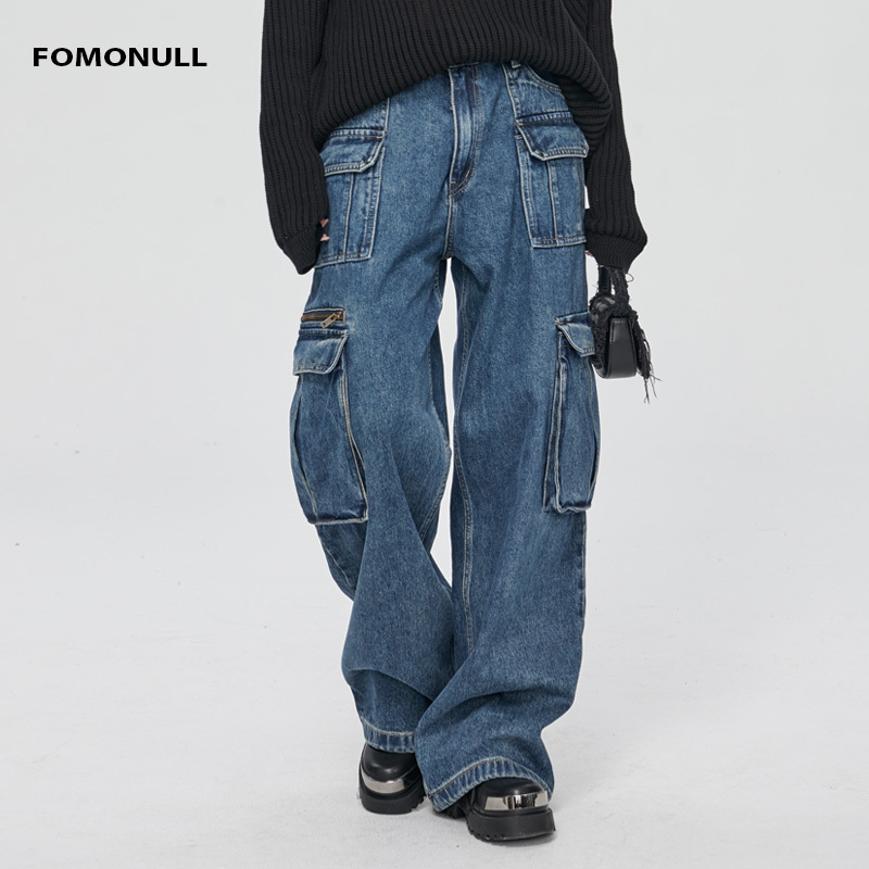 Fomonull Trendy Brand Loose Straight Blue Streetwear Work Jeans Distressed Retro Japanese American Style
