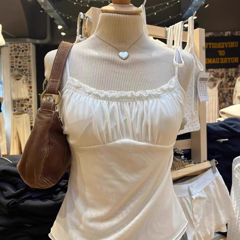 Bm Camisole New Style Ruffled Collar Pleated Pure White Cotton Tank Top Bm Versatile Base Layer Outerwear for Trendy Girls Bm Camisole New Style Ruffled Collar Pleated Pure White Cotton Tank Top Bm Versatile Base Layer Outerwear for Trendy Girls