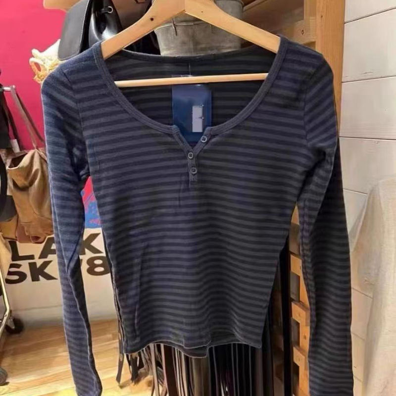 Bm Long-Sleeve New Style American Retro Striped Three-Button Long-Sleeve T-Shirt Bm Top Base Shirt Slim Fit Slimming Top