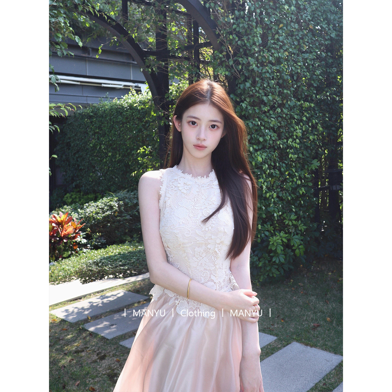 French-Style Dress for Women with a High-End, Elegant Vibe, Socialite Birthday Dress, Heavily Embellished Lace Patchwork, Sleeveless Mesh Long Dress