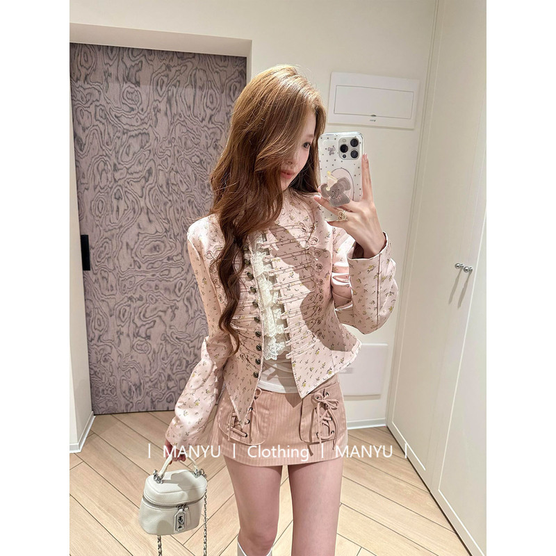 Pink Floral Napoleon Jacket for Women, Autumn High-End, Sophisticated, with Metal Buckle Waist Design, Stylish Jacket Top Pink Floral Napoleon Jacket for Women, Autumn High-End, Sophisticated, with Metal Buckle Waist Design, Stylish Jacket Top