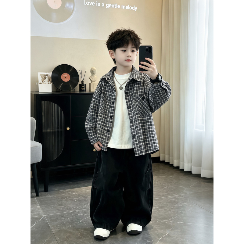 Boys' Shirts 2026 New Style Little Boys' Korean Style Long-Sleeved Early Autumn Jacket Kidsren's High-End Handsome Plaid Shirt