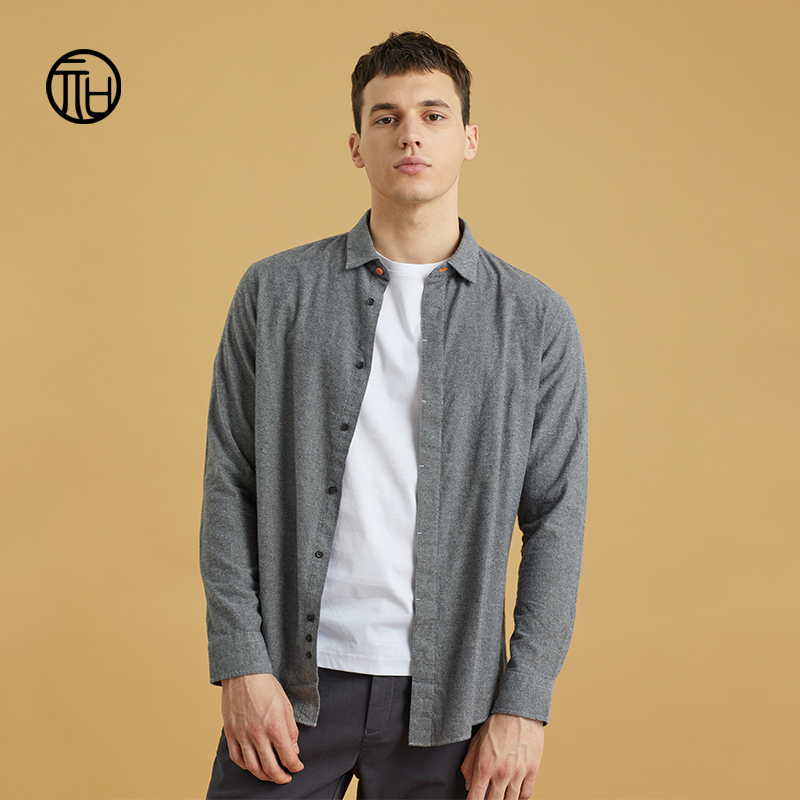 Flannel Brushed Cotton (Combed Cotton) Washed Dark Placket Long-Sleeve Shirt/8221
