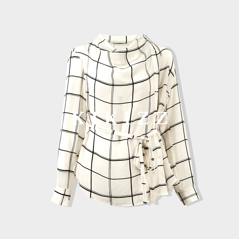 [Exclusive for Ba Yi] Versatile Plaid Shirt for Women, Waist-Cinching, Slimming, Stand-Up Collar, Tie-Up, Long-Sleeve Top