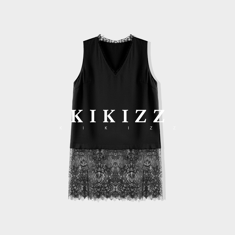 Spliced Sleeveless Dress for Women, Black Slimming Tank Dress, Layered Kk2604004 Spliced Sleeveless Dress for Women, Black Slimming Tank Dress, Layered Kk2604004